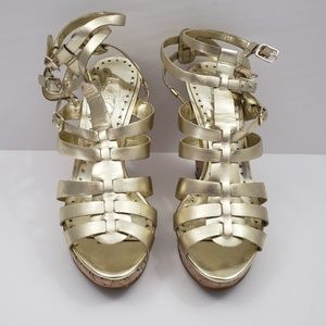 BCBG Paris Gold Leather Gladiator Wedge Sandal Sz7